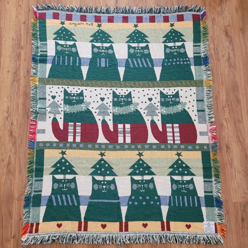 Crown Crafts Throw Blanket Noel Cats Pat Meyers Vintage Christmas Holiday NEW